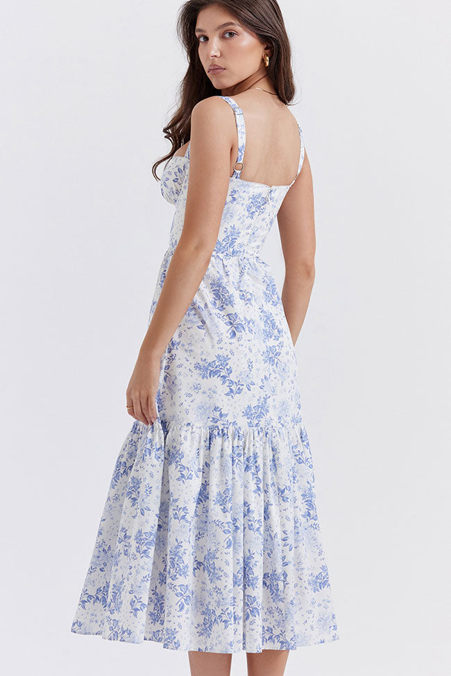 Sweetheart Underwire Bustier Floral Print Tiered Pocket Midi Dress