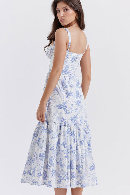 Sweetheart Underwire Bustier Floral Print Tiered Pocket Midi Dress