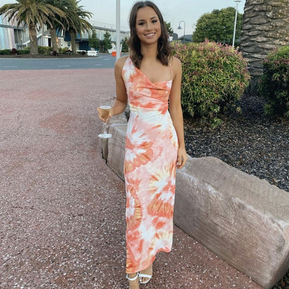 Cowl Neck Halter Tie Dye Bodycon Maxi Dress