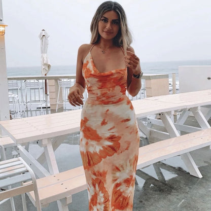 Cowl Neck Halter Tie Dye Bodycon Maxi Dress