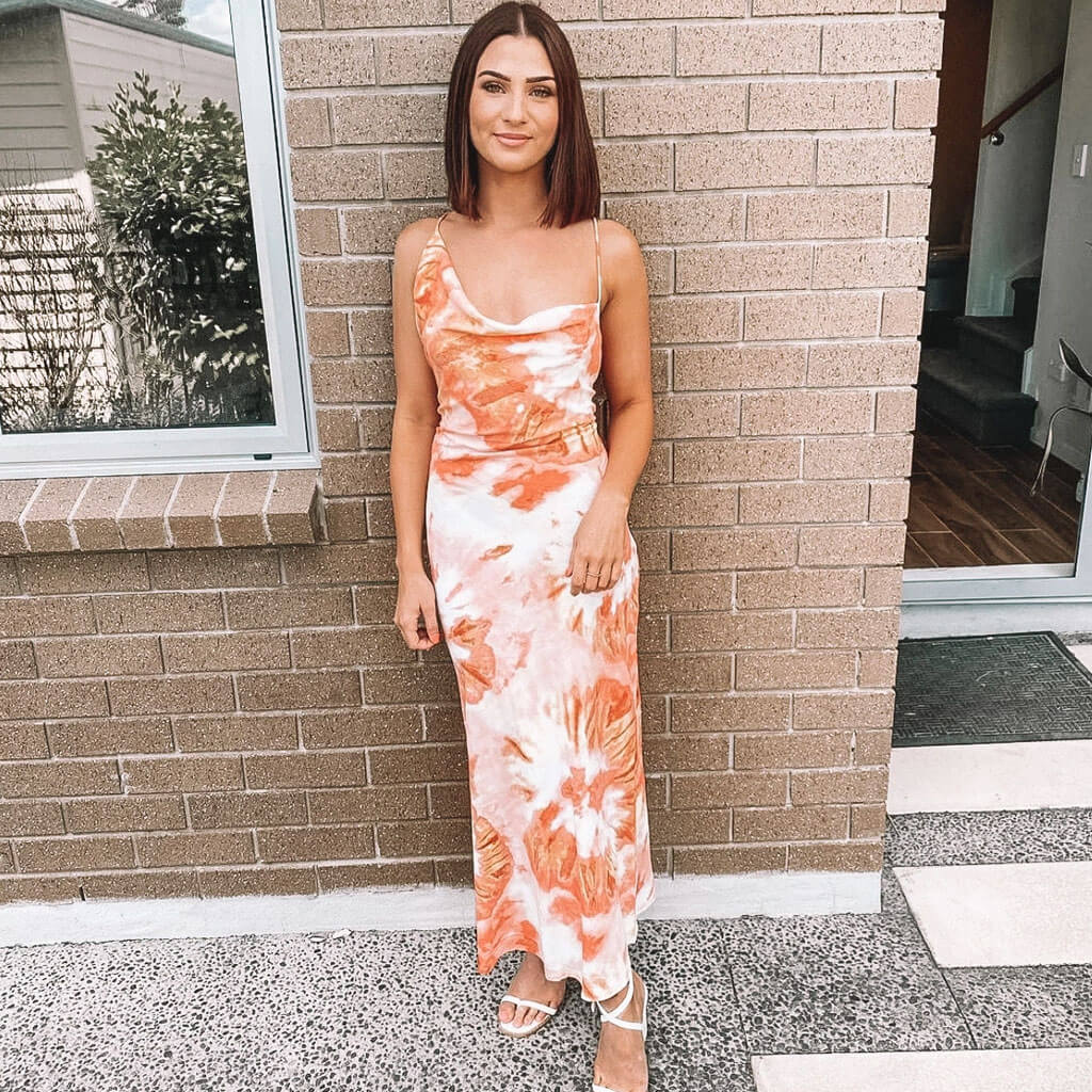 Cowl Neck Halter Tie Dye Bodycon Maxi Dress