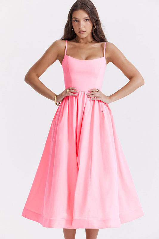 Scoop Neck Spaghetti Strap Pocket Trim Fit and Flare Midi Dress