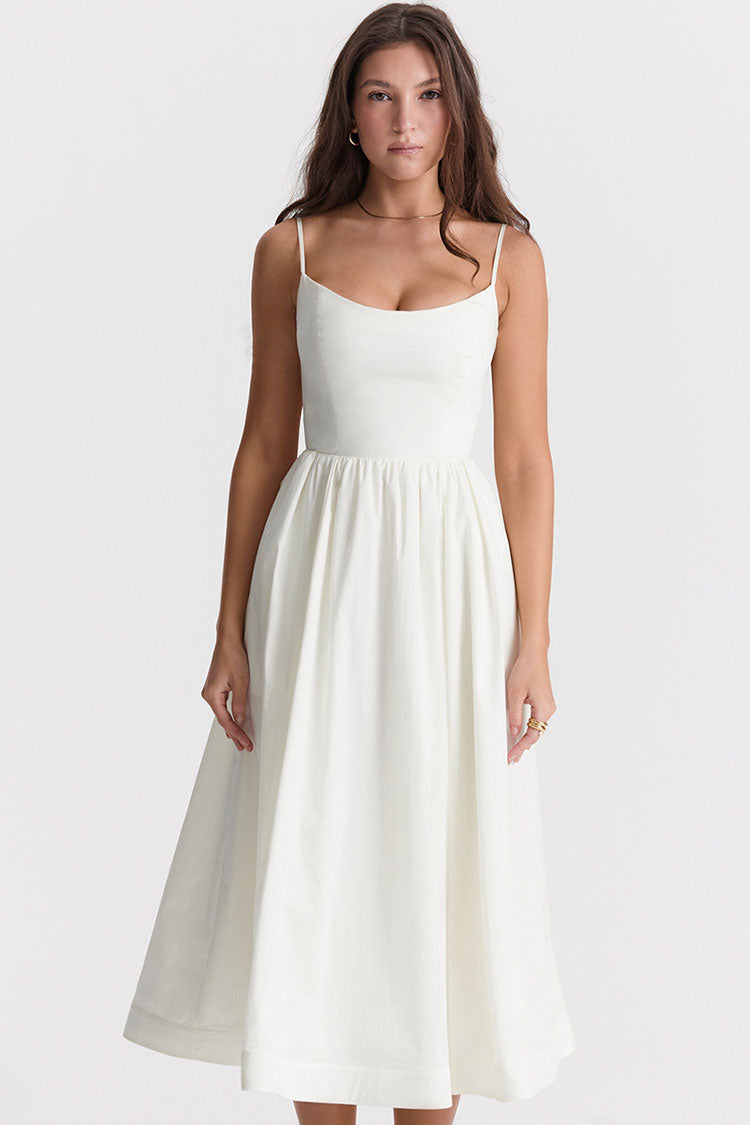 Scoop Neck Spaghetti Strap Pocket Trim Fit and Flare Midi Dress