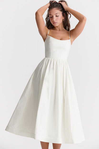 Scoop Neck Spaghetti Strap Pocket Trim Fit and Flare Midi Dress