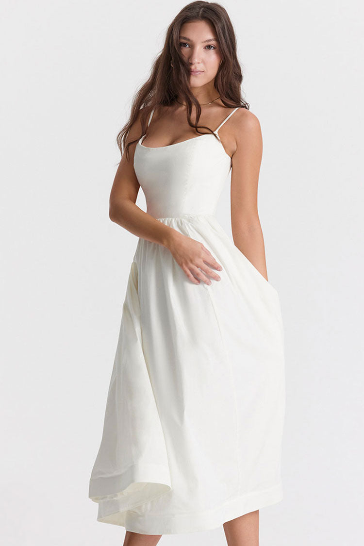 Scoop Neck Spaghetti Strap Pocket Trim Fit and Flare Midi Dress