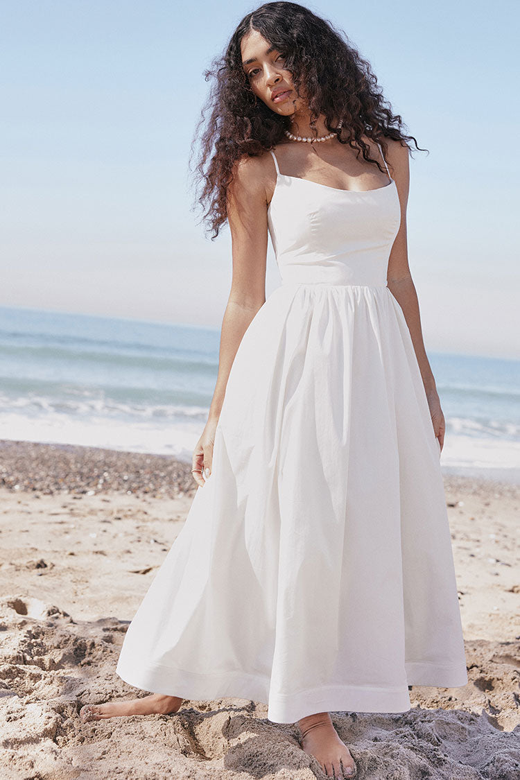 Scoop Neck Spaghetti Strap Pocket Trim Fit and Flare Midi Dress