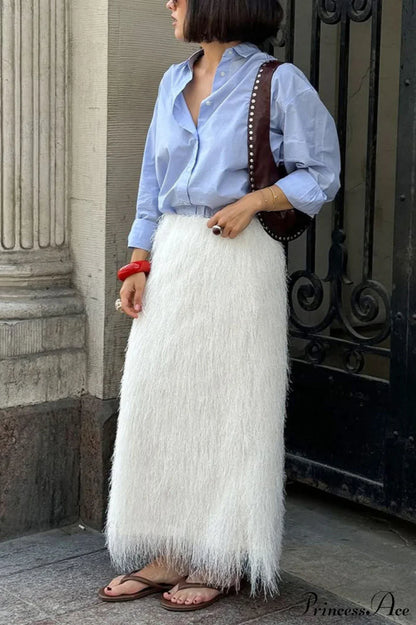 Fringe High Waist A-Line Midi Skirt