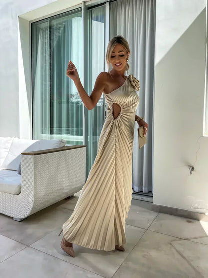 Women's One-Shoulder Pleated Elegant Dress – Flowing Evening Gown