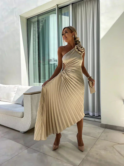 Women's One-Shoulder Pleated Elegant Dress – Flowing Evening Gown