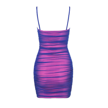 Square Neck Ribbed Spaghetti Strap Ruched Mesh Slip Mini Dress
