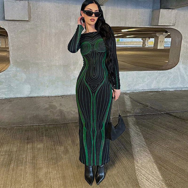 Optical Illusion Body Print Cutout Long Sleeve Maxi Dress