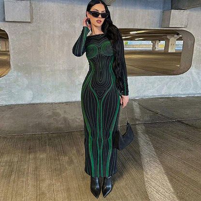 Optical Illusion Body Print Cutout Long Sleeve Maxi Dress