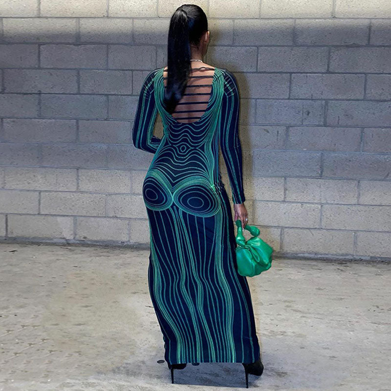 Optical Illusion Body Print Cutout Long Sleeve Maxi Dress