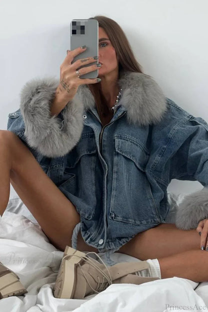 Fuzzy Denim Loose Street Large Pocket Jacket