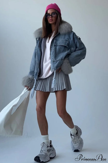 Fuzzy Trim Denim Retro Loose Versatile Coat