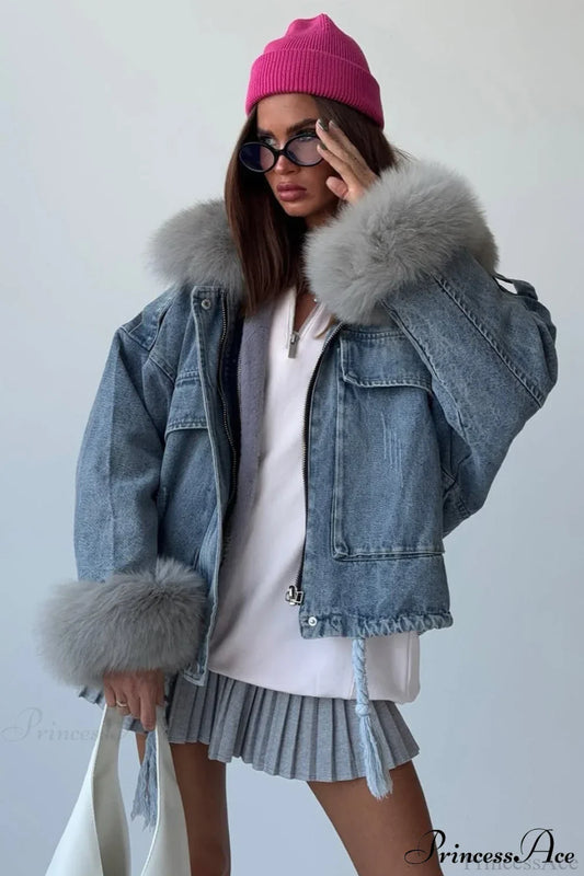 Fuzzy Trim Denim Retro Loose Versatile Coat