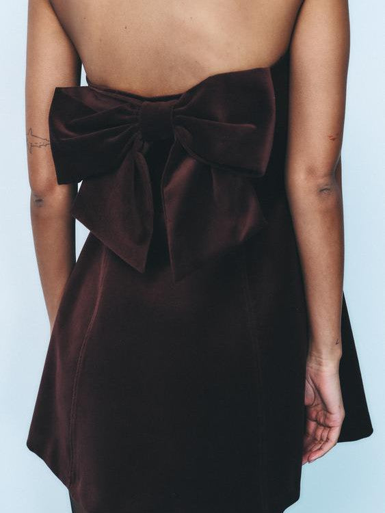 Bow Applique Velvet Tube Short Dress