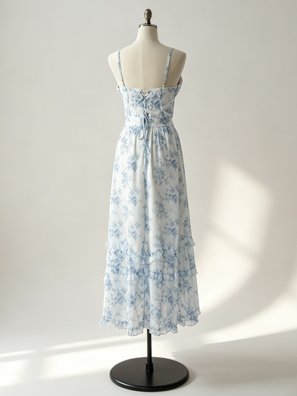 Floral Layered Ruffles Maxi Party Dress High Slit Strap Dress 2026