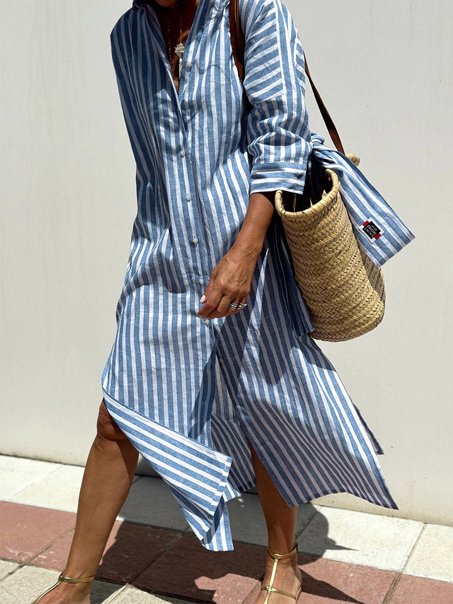 Printed Shirt Dress For Women - Casual Collared Button Down Tie Waist Midi Kaftan - Summer Beach Resort 2026