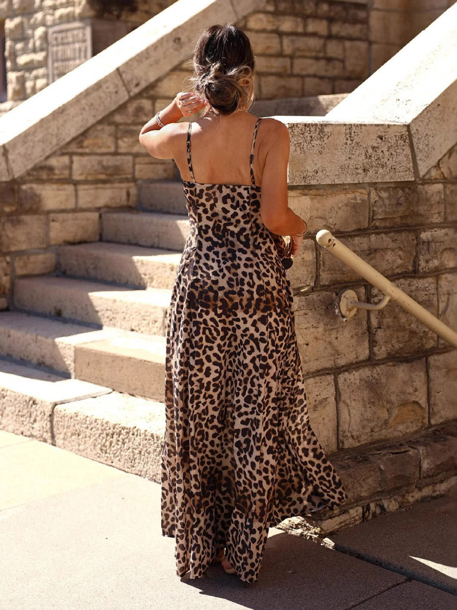 Leopard Maxi Sundress For Women - Animal Print Sexy Spaghetti Strap Flare Long Dress - Summer Beach Vacation 2026