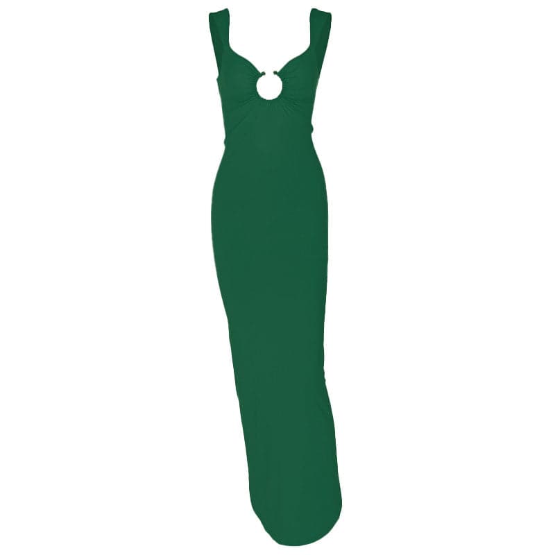 O ring ruched hollow out high slit cami cut out maxi dress