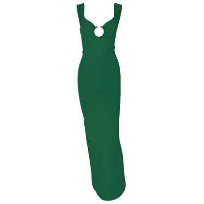 O ring ruched hollow out high slit cami cut out maxi dress