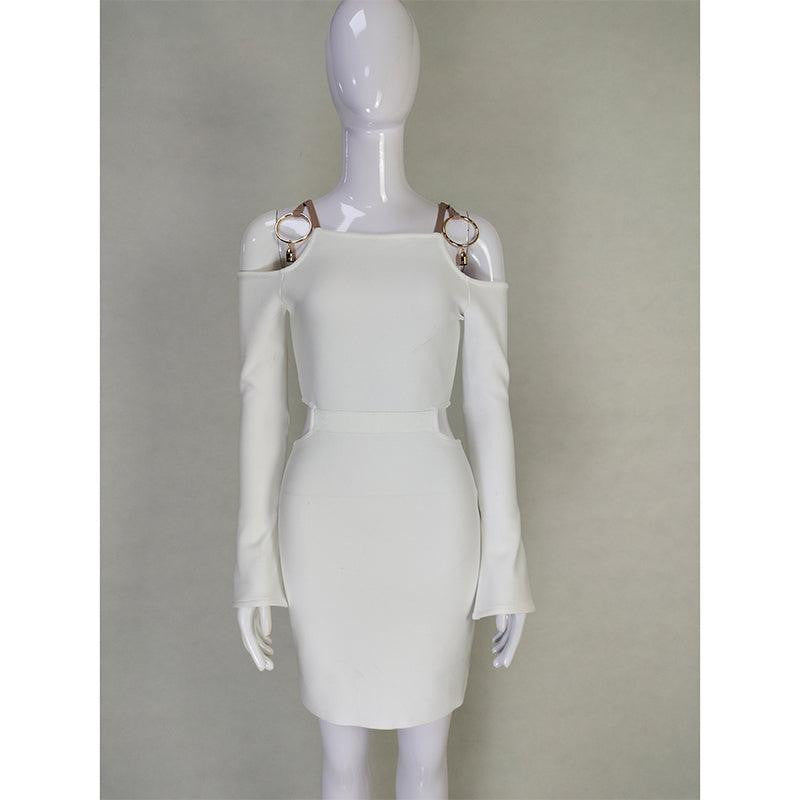 Cold Shoulder Metal Ring Hardware Side Waist Cutout Long Sleeve Textured Knit Bodycon Mini Dress