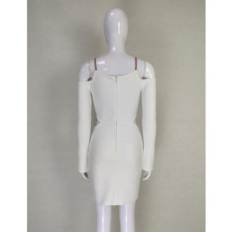 Cold Shoulder Metal Ring Hardware Side Waist Cutout Long Sleeve Textured Knit Bodycon Mini Dress