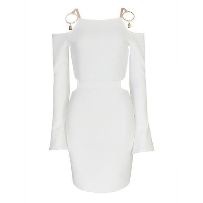 Cold Shoulder Metal Ring Hardware Side Waist Cutout Long Sleeve Textured Knit Bodycon Mini Dress