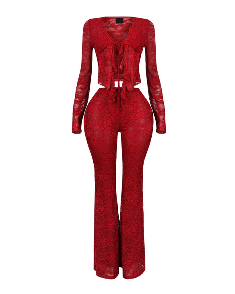Long-Sleeved Lace Shirt Lace Pants Set