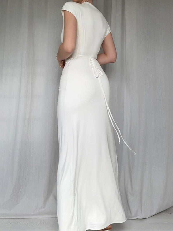 Short Sleevees Ruched High Slit Maxi Dress