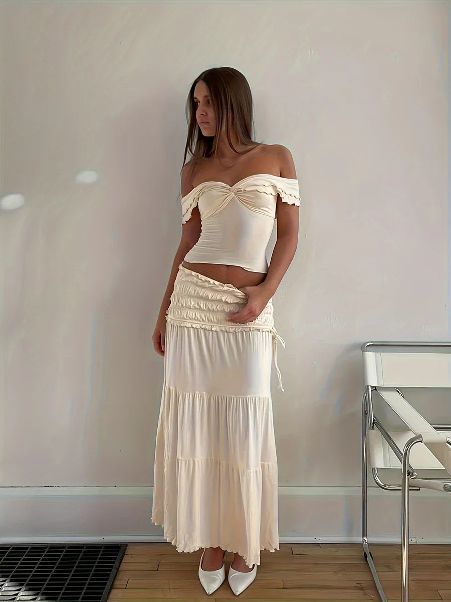 Ruffle Deep Neck Crop Top & Skirt Coord Set