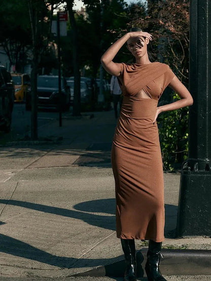 Boat Neck Backless Ruched Cutout Slit Maxi Dress