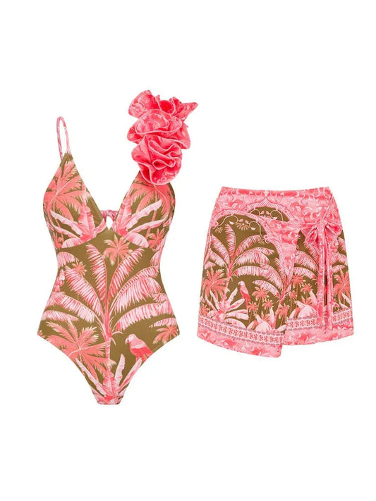 3D Flower Strap Tropical Print Swimsuit & Skirt Coord Set
