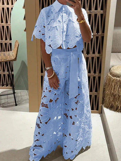 Flower Lace Cutout Crop Shirt & Wide Leg Pant Coord Set