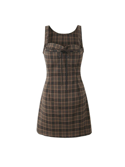 Brown Gingham Print Short Sweetheart Neck Dress