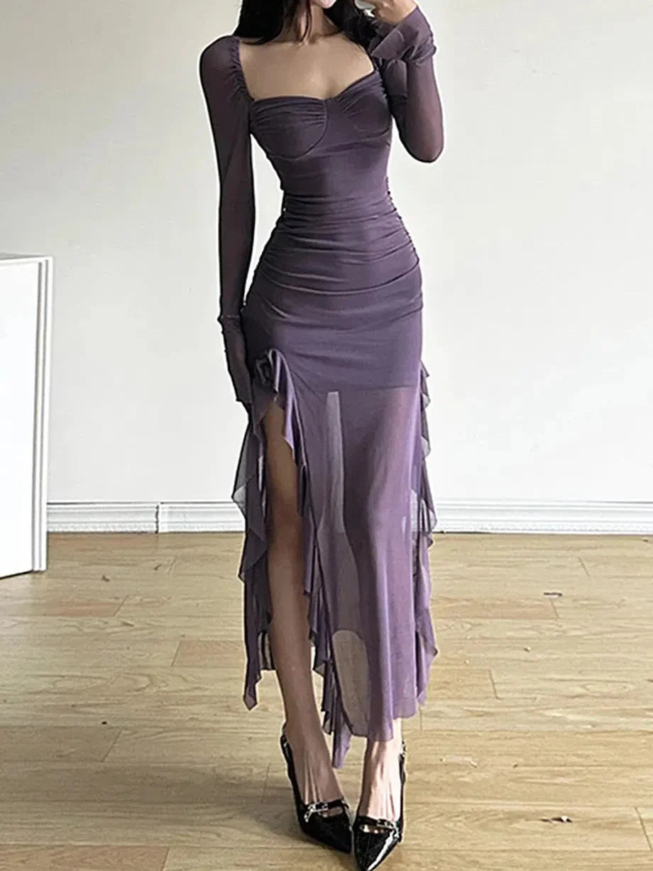 Ruffle Sheath Ruched Maxi Dress