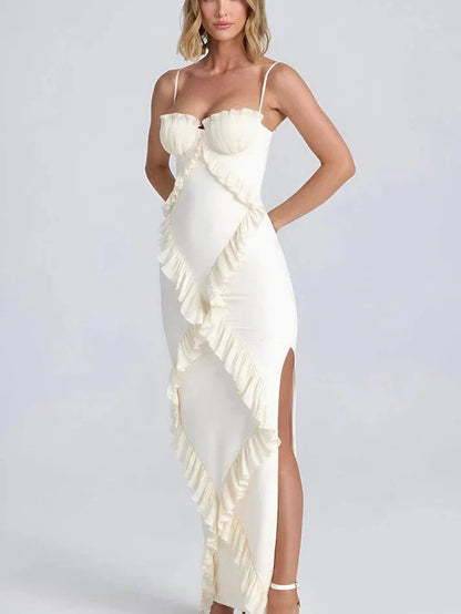 Lamer Spaghetti Strap Ruffle Slit Maxi Dress