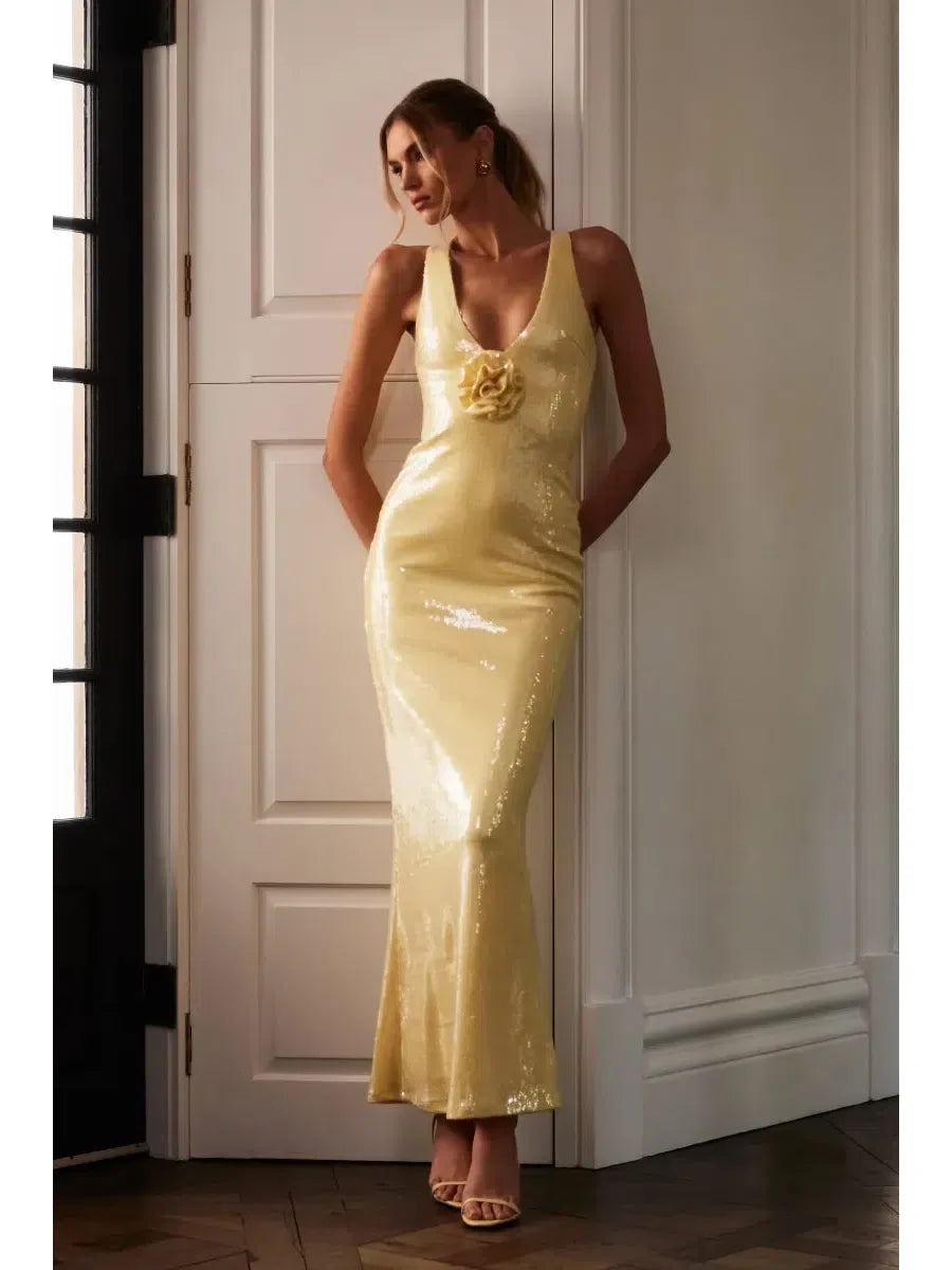 Applique Rose Sequin  Backless Maxi Dress