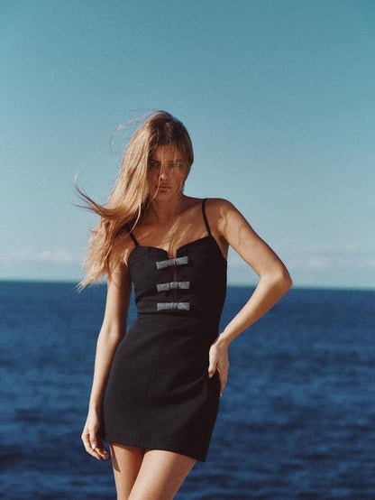 Bow Applique Spaghetti Strap Short Dress
