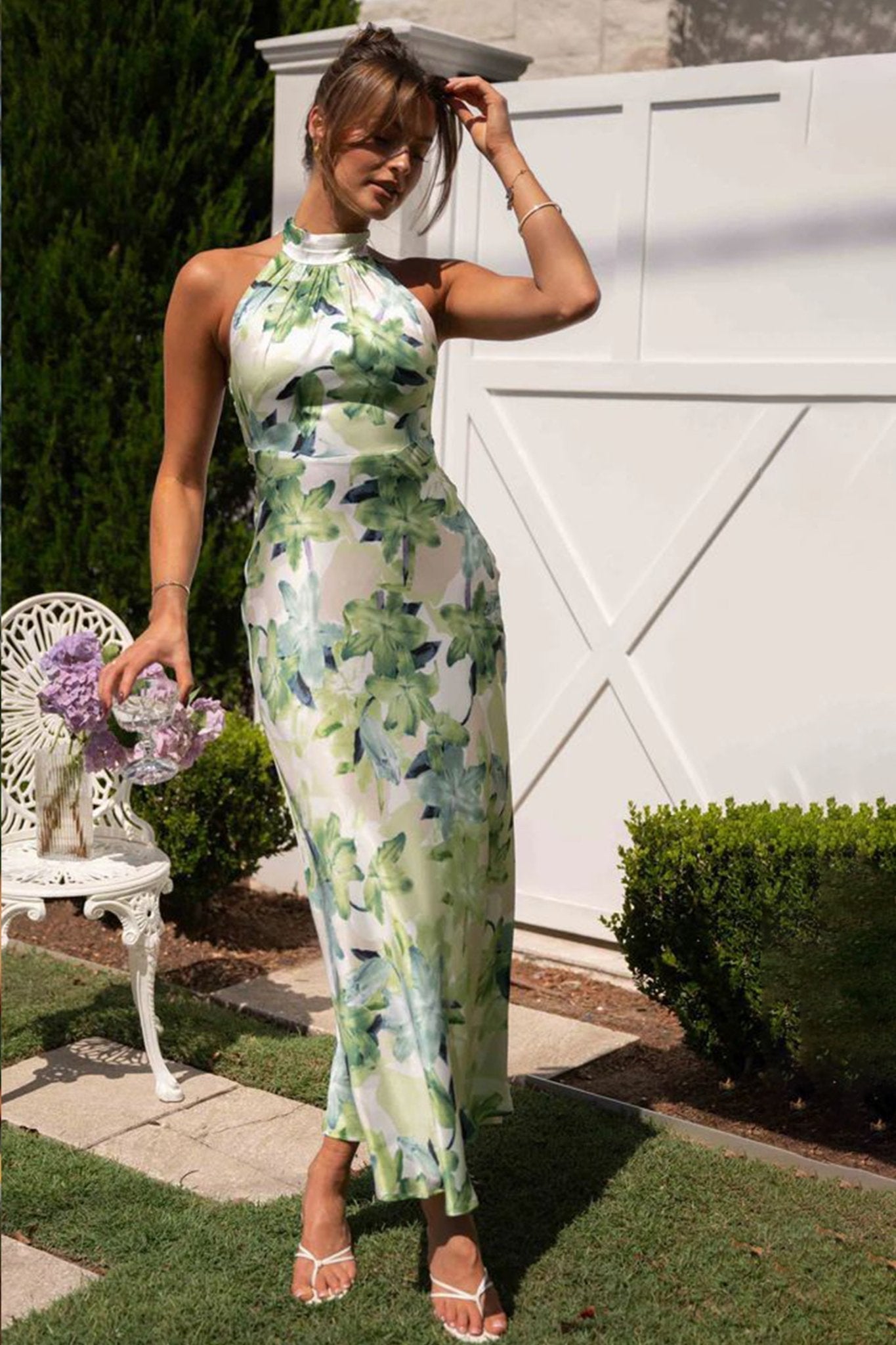 Satin Floral Print Halter Mock Neck Tie Back Maxi Dress