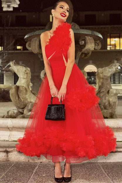 One Shoulder 3D Rosette Ruffle Tulle Mesh Cutout Tea Length Maxi Gown
