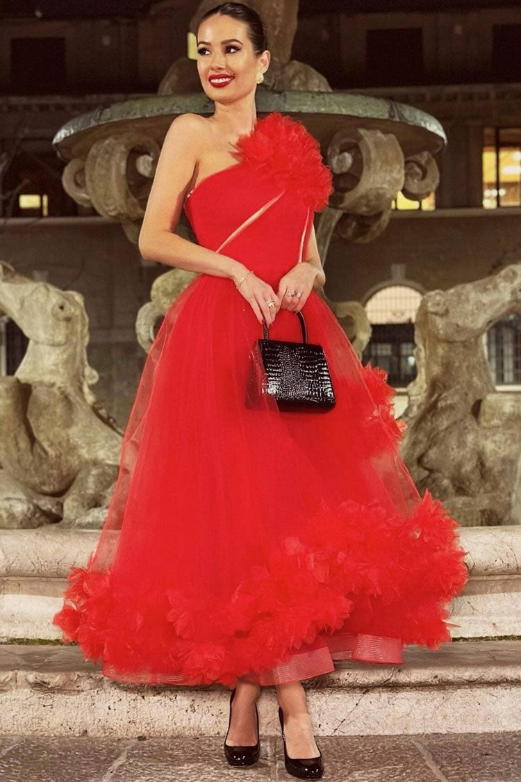 One Shoulder 3D Rosette Ruffle Tulle Mesh Cutout Tea Length Maxi Gown