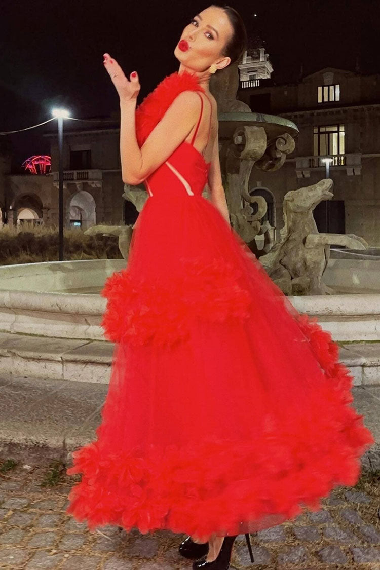 One Shoulder 3D Rosette Ruffle Tulle Mesh Cutout Tea Length Maxi Gown