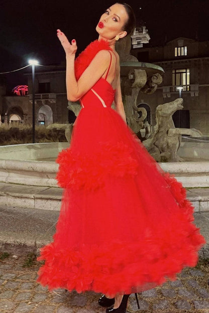 One Shoulder 3D Rosette Ruffle Tulle Mesh Cutout Tea Length Maxi Gown