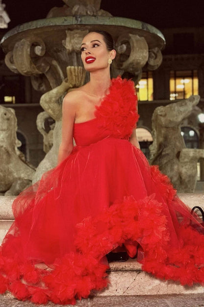 One Shoulder 3D Rosette Ruffle Tulle Mesh Cutout Tea Length Maxi Gown
