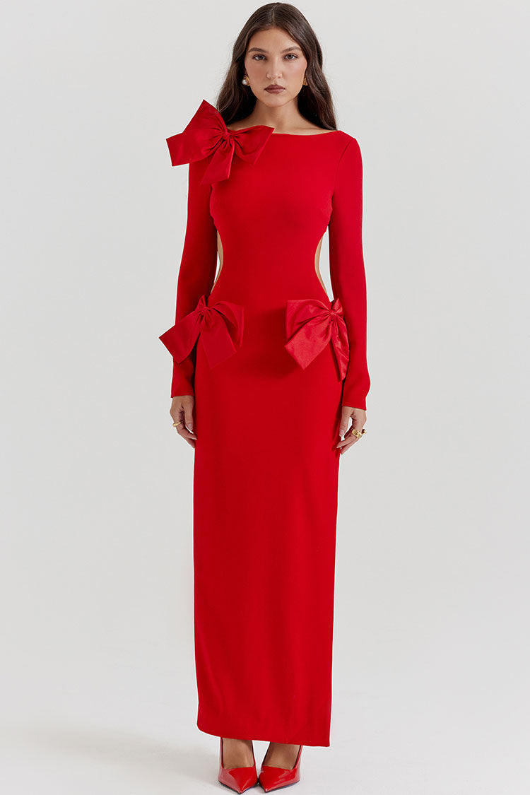 Oversized Bow Boat Neck Side Cutout Back Split Long Sleeve Bodycon Maxi Dress
