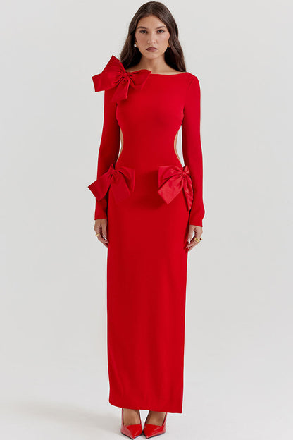 Oversized Bow Boat Neck Side Cutout Back Split Long Sleeve Bodycon Maxi Dress