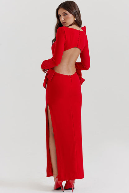 Oversized Bow Boat Neck Side Cutout Back Split Long Sleeve Bodycon Maxi Dress