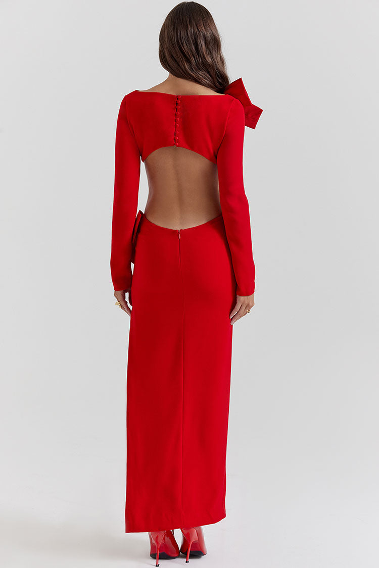 Oversized Bow Boat Neck Side Cutout Back Split Long Sleeve Bodycon Maxi Dress